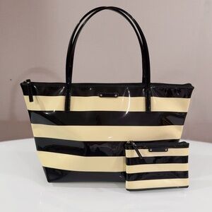 Kate Spade Penn Valley Sophie Black & Cream Striped Zippered Shoulder Tote Bag